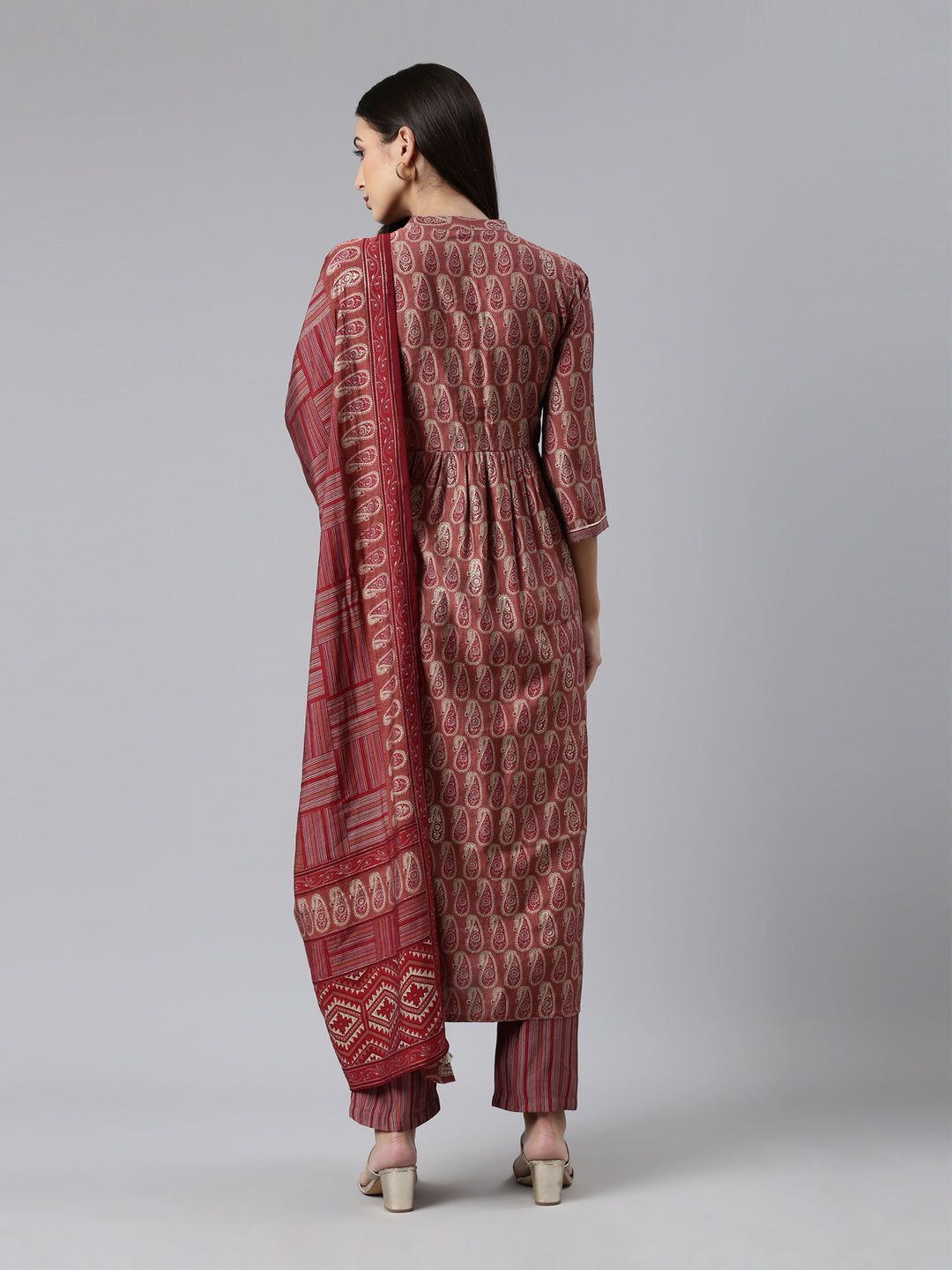 Neerus Maroon Regular Calf Length Printed Kurta Printed Trousers With Dupatta