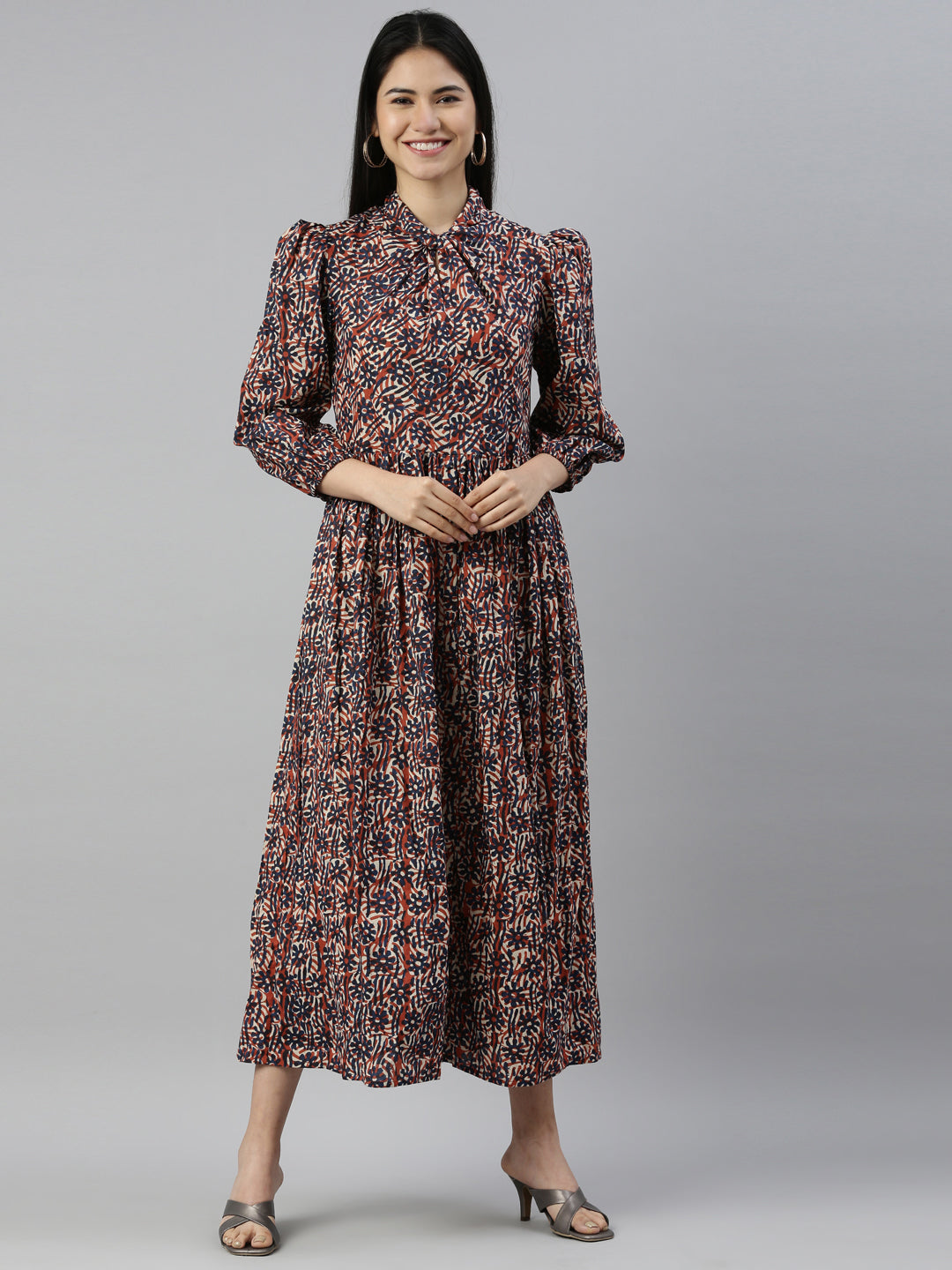Neerus Printed Color Cotton Fabric Maxi Dress