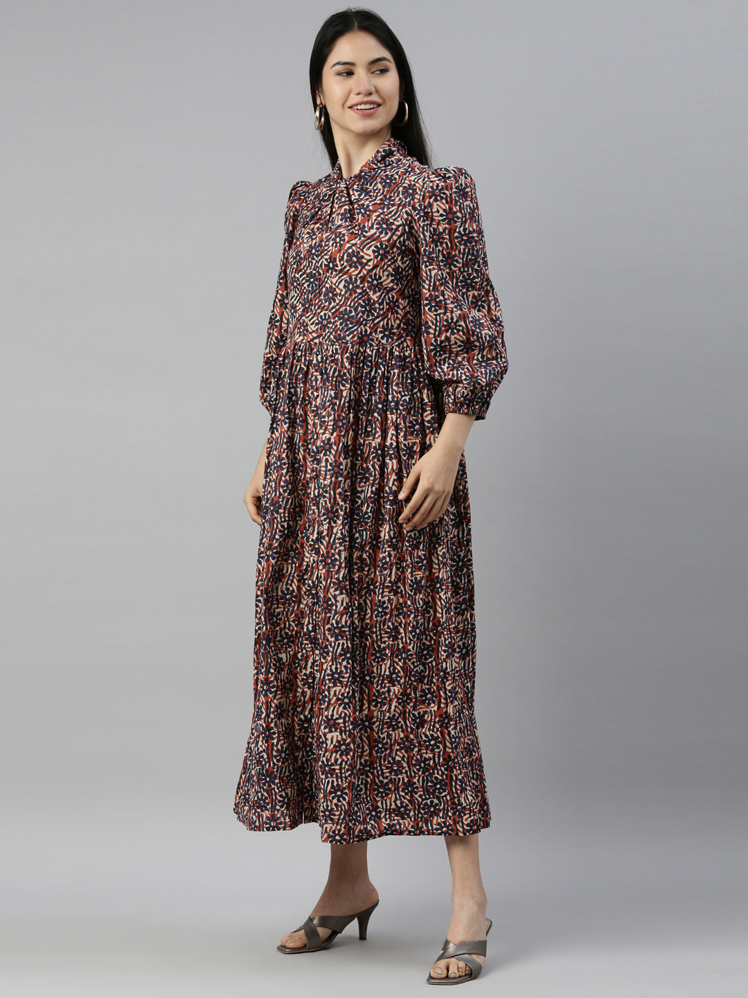 Neerus Printed Color Cotton Fabric Maxi Dress