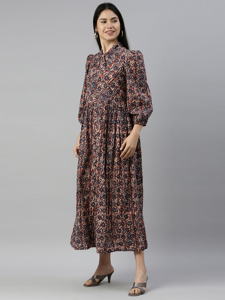 Neerus Printed Color Cotton Fabric Maxi Dress