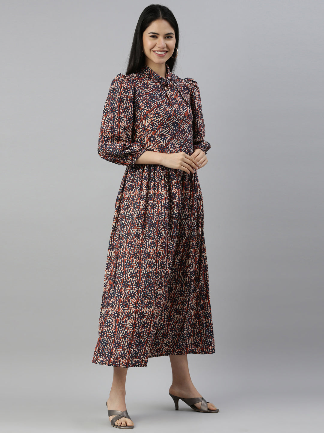 Neerus Printed Color Cotton Fabric Maxi Dress