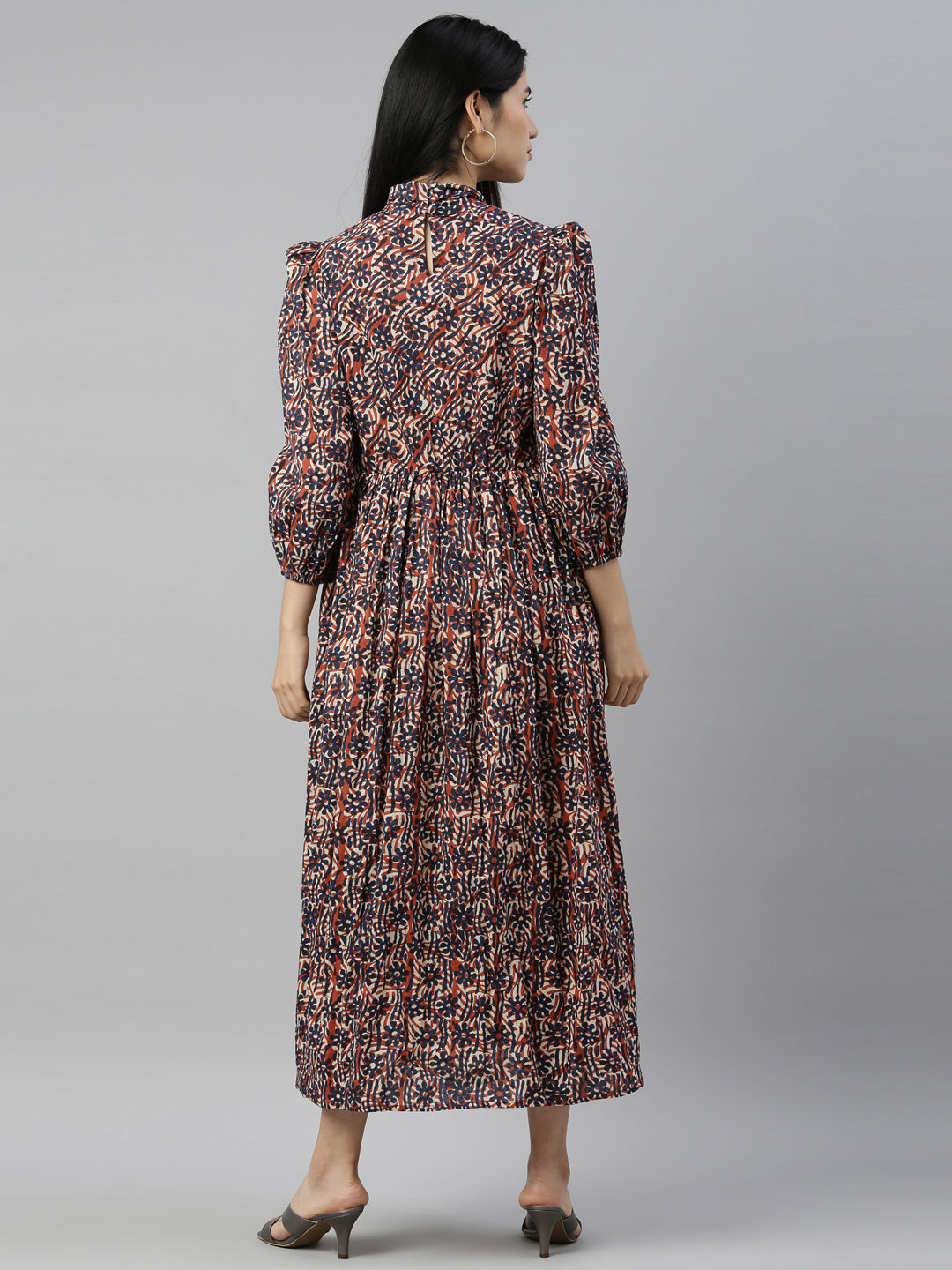 Neerus Printed Color Cotton Fabric Maxi Dress