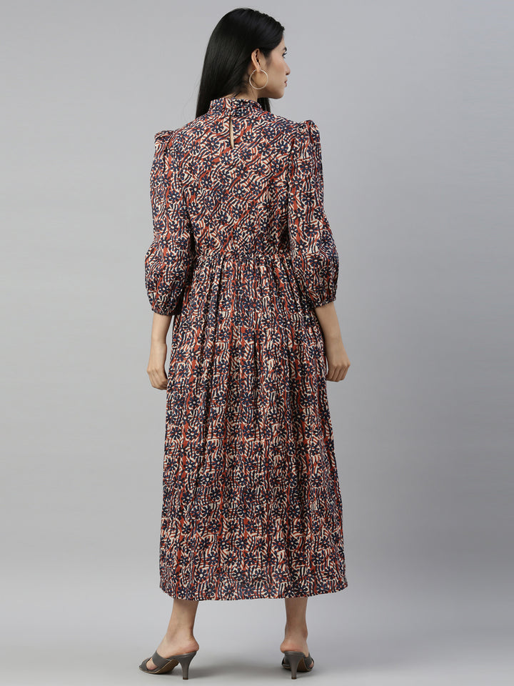 Neerus Printed Color Cotton Fabric Maxi Dress