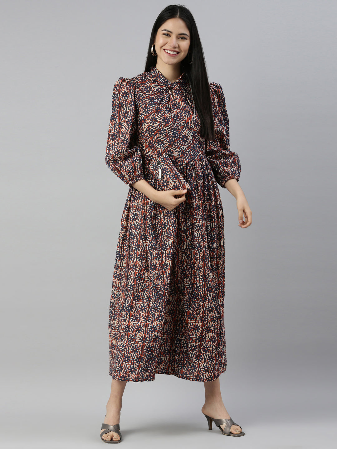 Neerus Printed Color Cotton Fabric Maxi Dress