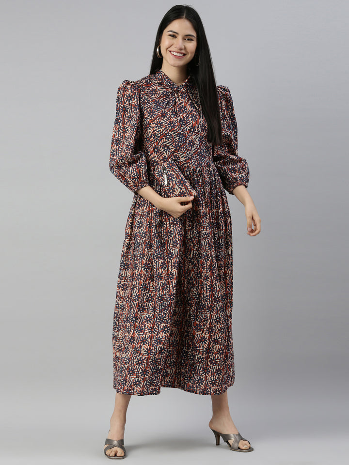 Neerus Printed Color Cotton Fabric Maxi Dress
