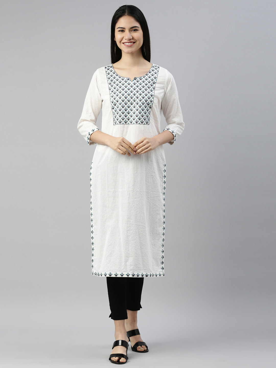 Neerus White cotton solid kurta - front view