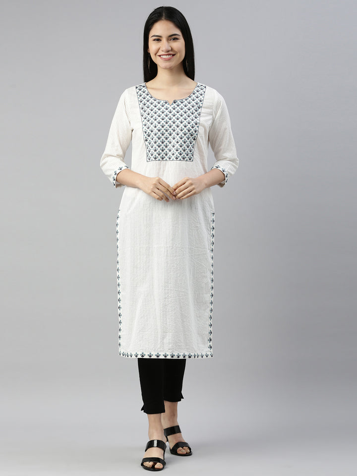 Neerus White cotton solid kurta - front view