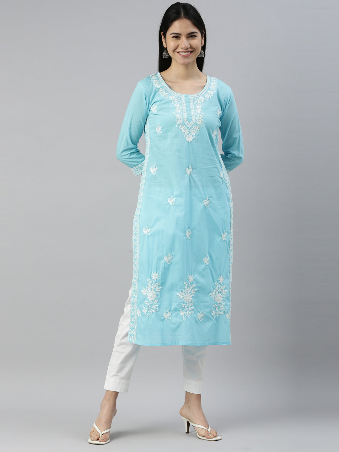 Neerus Ferozi Color Cotton Fabric Kurta