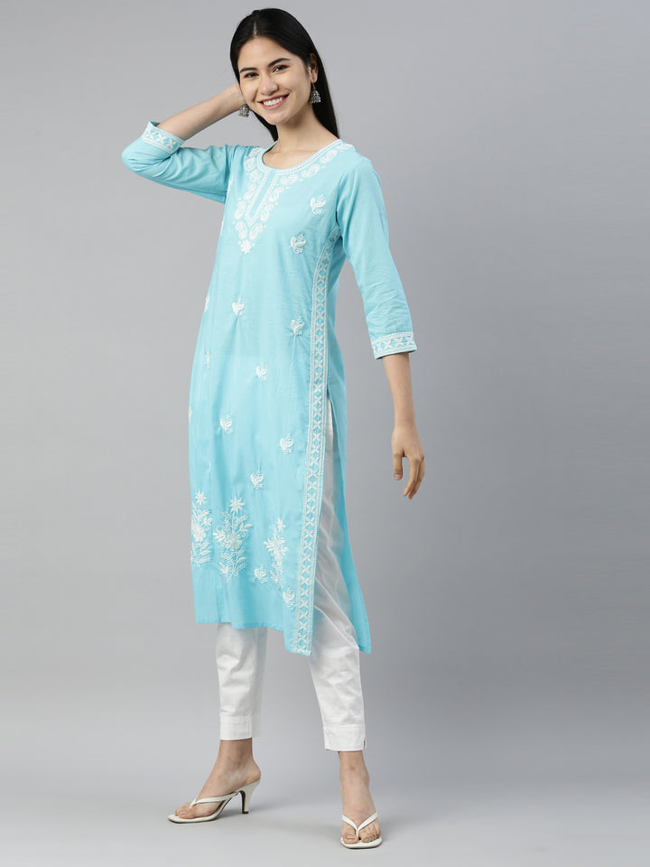 Neerus Ferozi Color Cotton Fabric Kurta