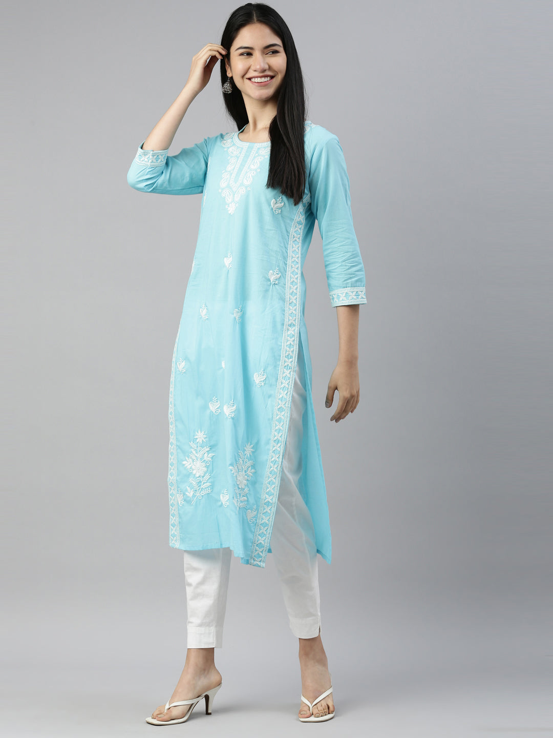 Neerus Ferozi Color Cotton Fabric Kurta