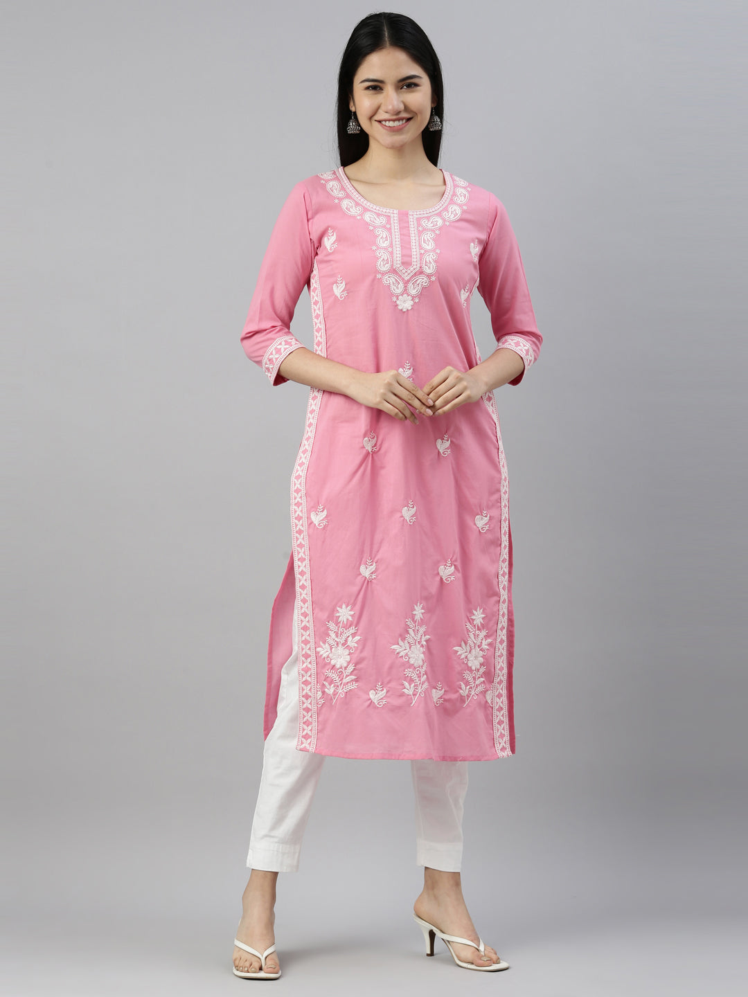 Neerus Pink cotton solid kurta - front view