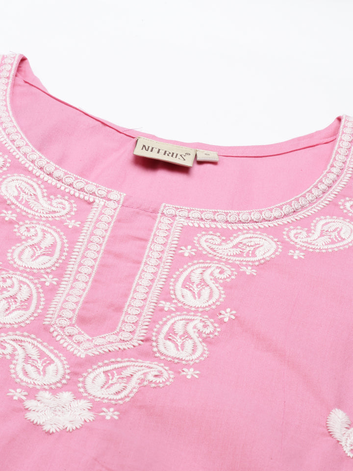 Neerus Pink cotton solid kurta - back view