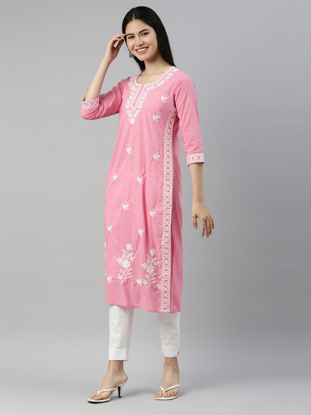 Neerus Pink cotton solid kurta - side view