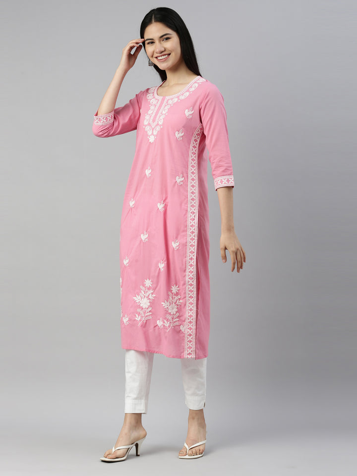 Neerus Pink cotton solid kurta - side view