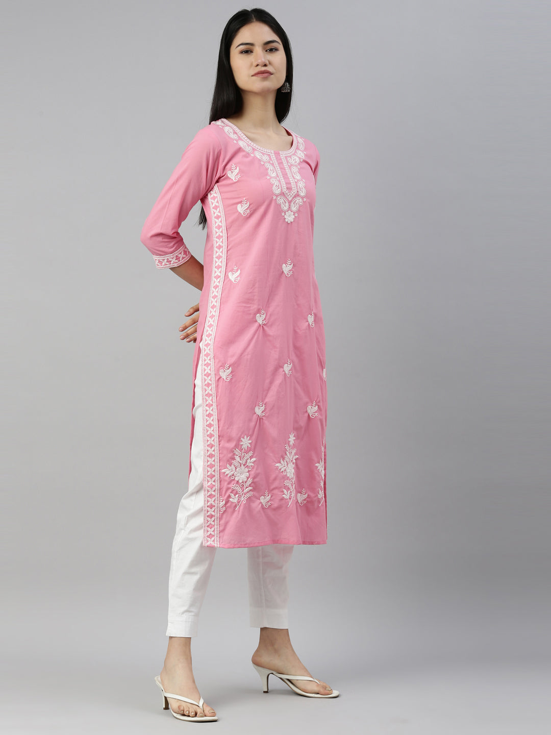 Neerus Pink cotton solid kurta - detail view 1