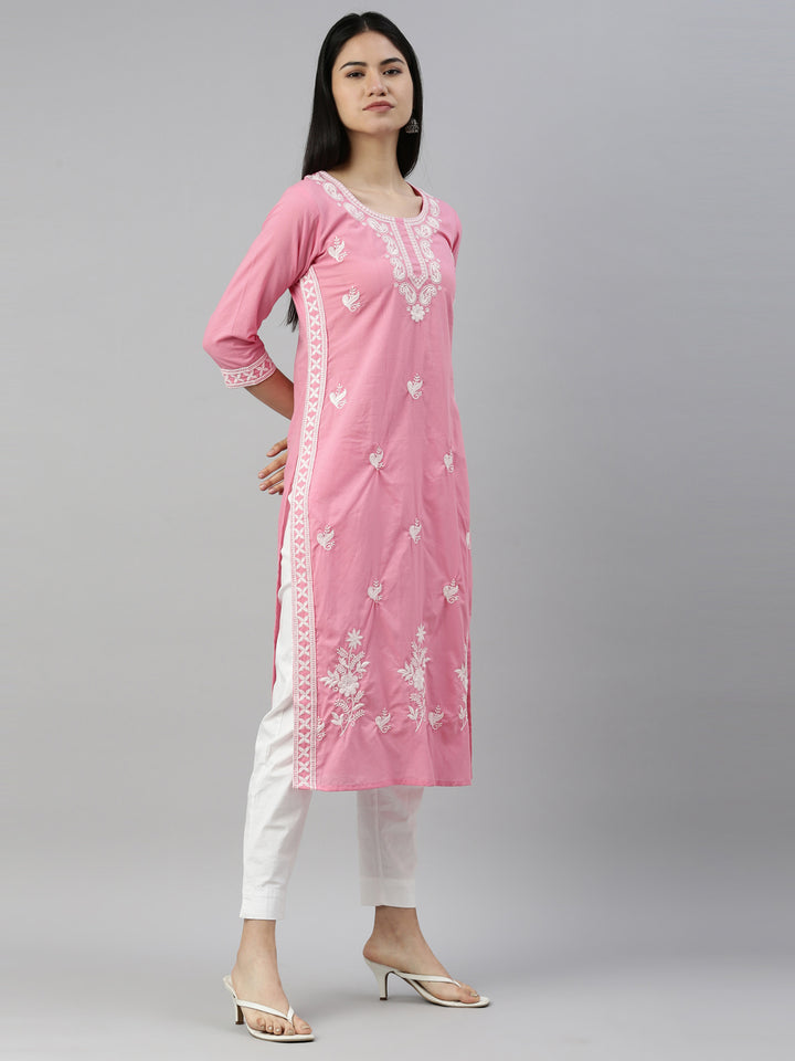 Neerus Pink cotton solid kurta - detail view 1