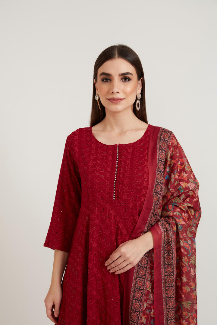 Neerus Maroon Color Georgette Fabric Suit Set