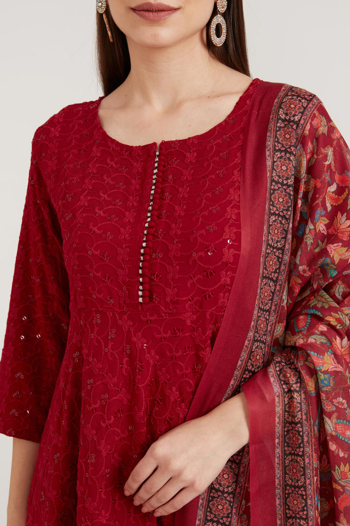 Neerus Maroon Color Georgette Fabric Suit Set