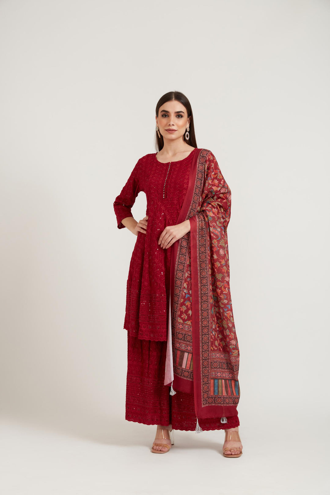 Neerus Maroon Color Georgette Fabric Suit Set