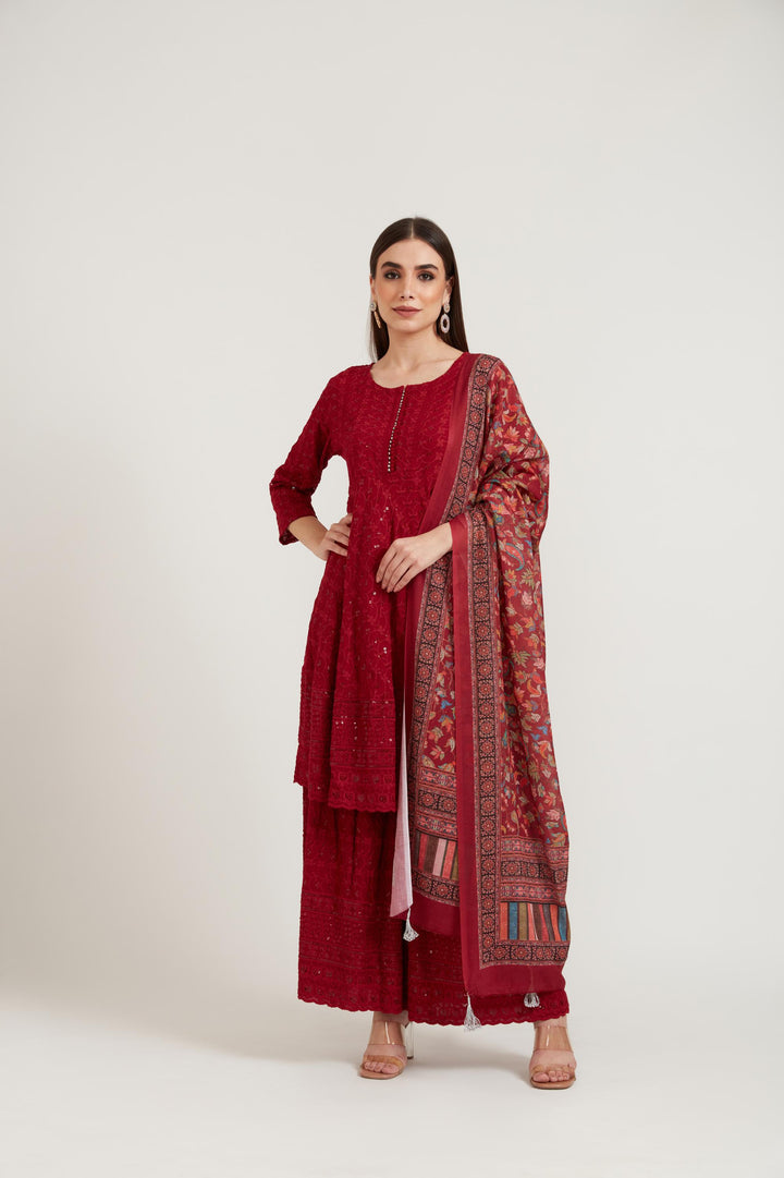 Neerus Maroon Color Georgette Fabric Suit Set