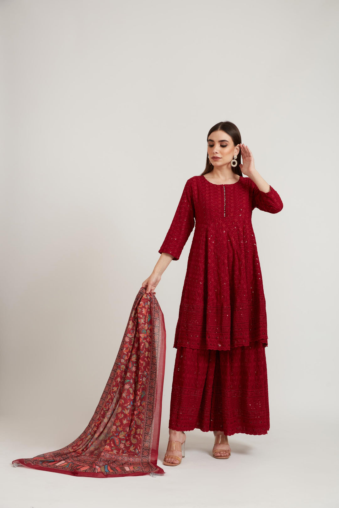Neerus Maroon Color Georgette Fabric Suit Set