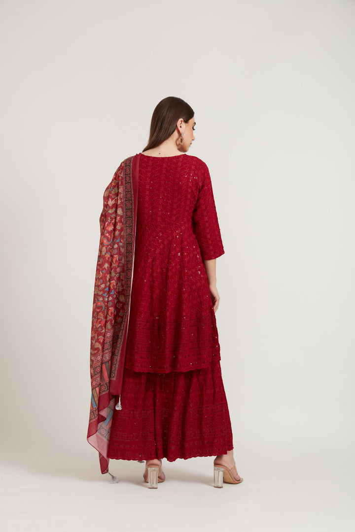 Neerus Maroon Color Georgette Fabric Suit Set