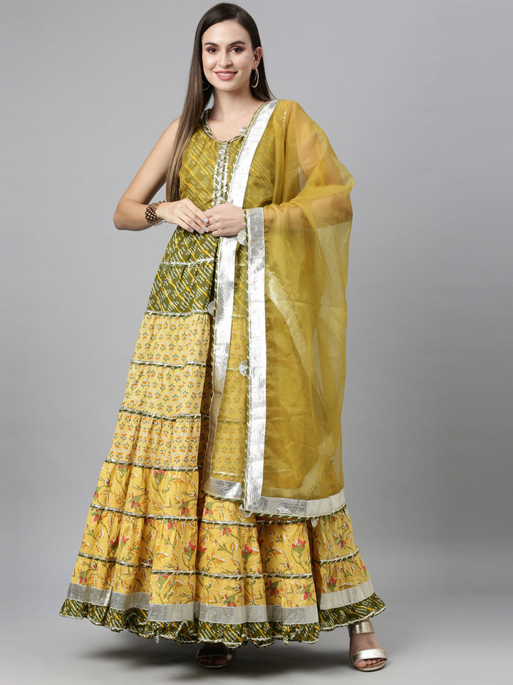 Neerus Yellow Color Jute Cotton Fabric Kurta Sets With Dupatta
