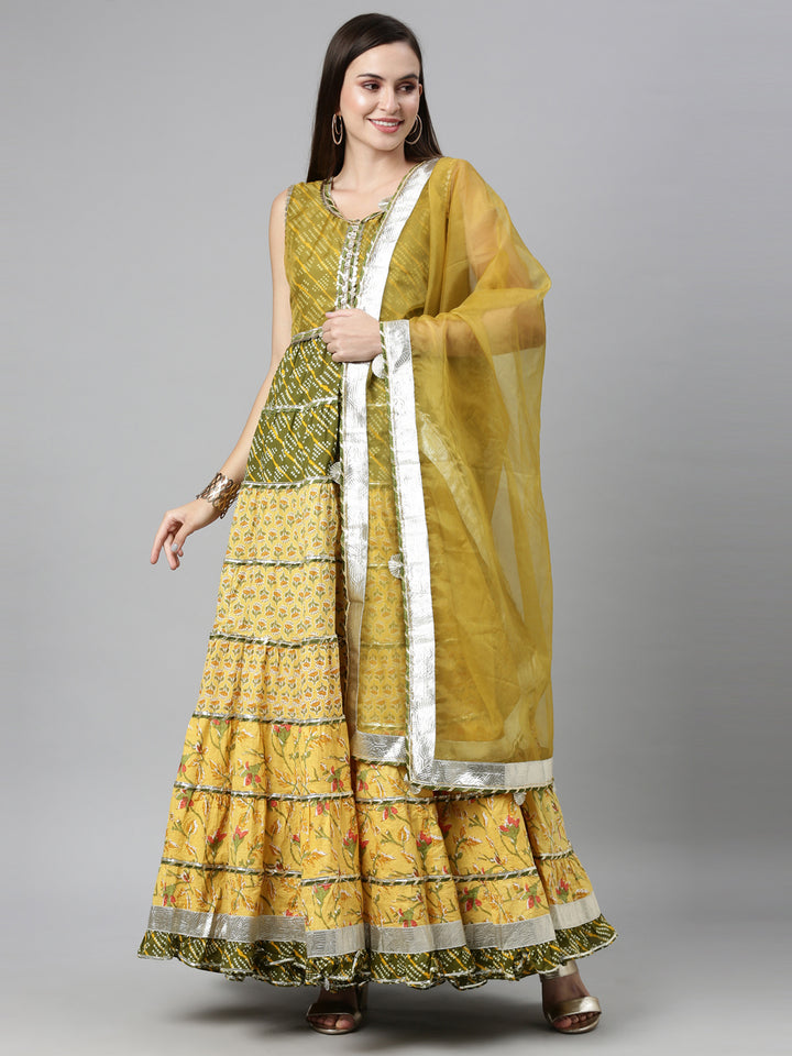 Neerus Yellow Color Jute Cotton Fabric Kurta Sets With Dupatta