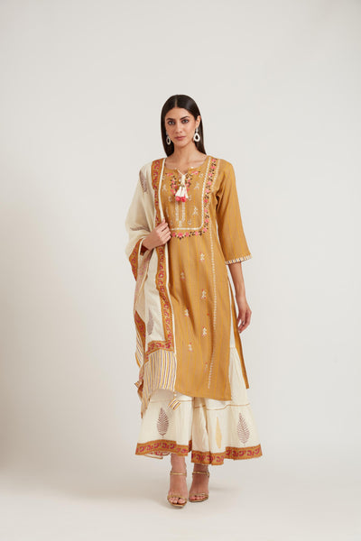 Neeru'S Gold Color Cotton Fabric Suit Set