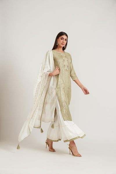 Neeru's Mehadi Green Color Cotton Fabric Suit Set
