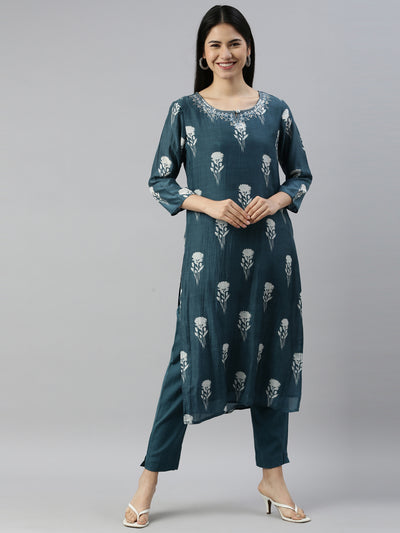 Neeru's Blue Color Muslin Fabric Suit Set