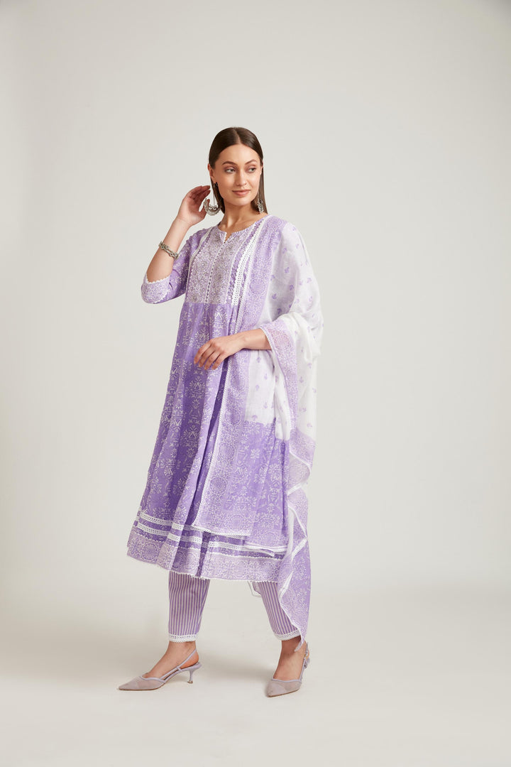 Neerus Purple cotton printed kurta set salwar kameez - front view