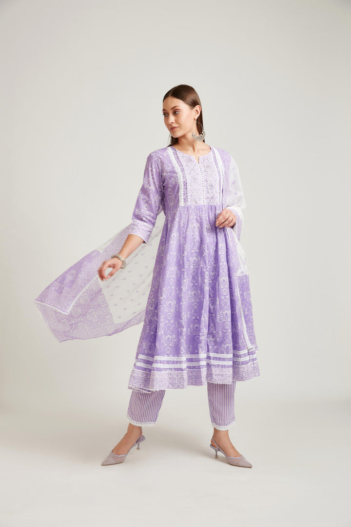 Neerus Purple cotton printed kurta set salwar kameez - back view