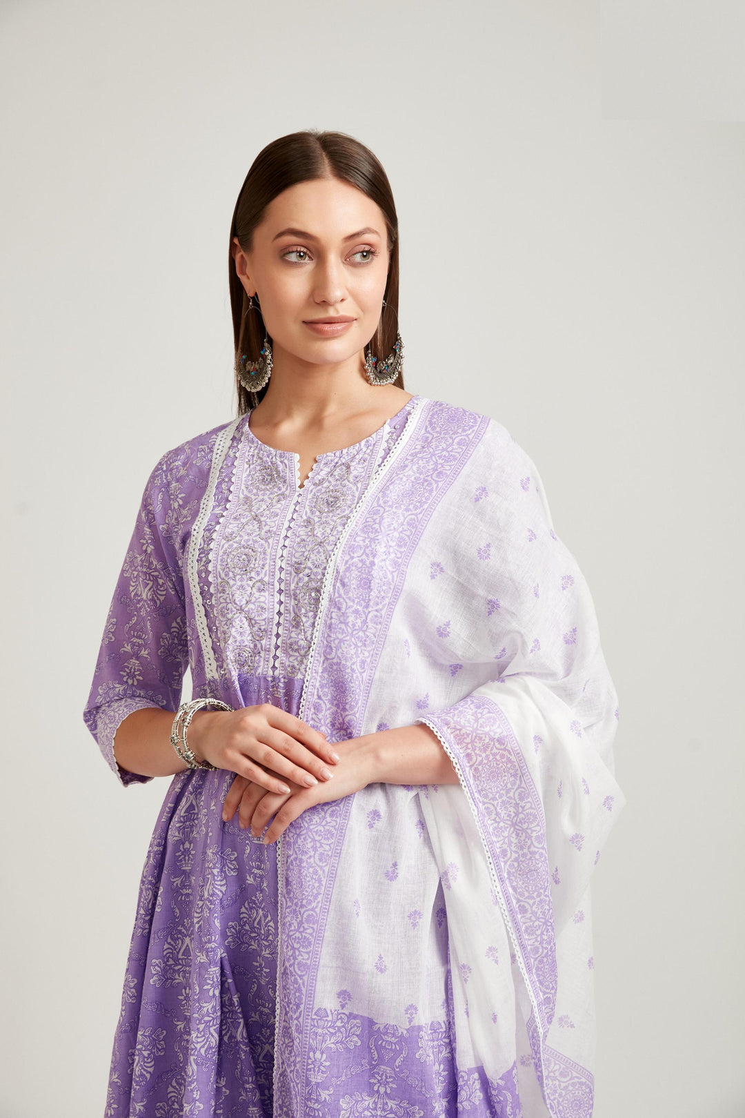 Neerus Purple cotton printed kurta set salwar kameez - side view