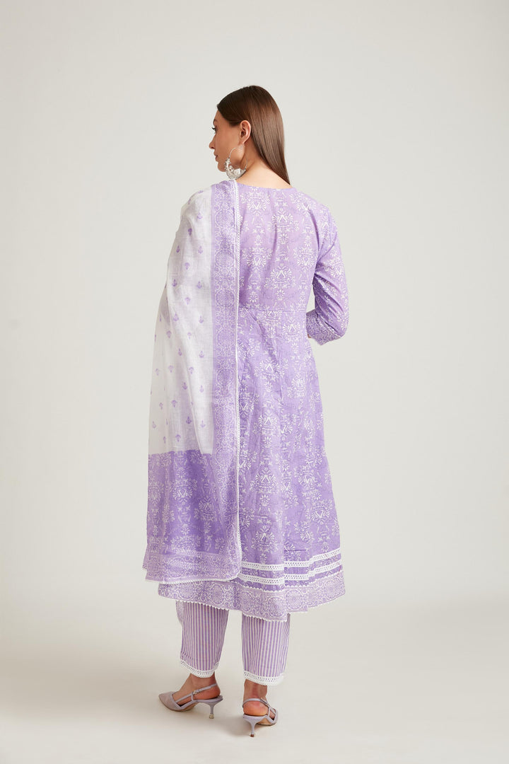 Neerus Purple cotton printed kurta set salwar kameez - detail view 1