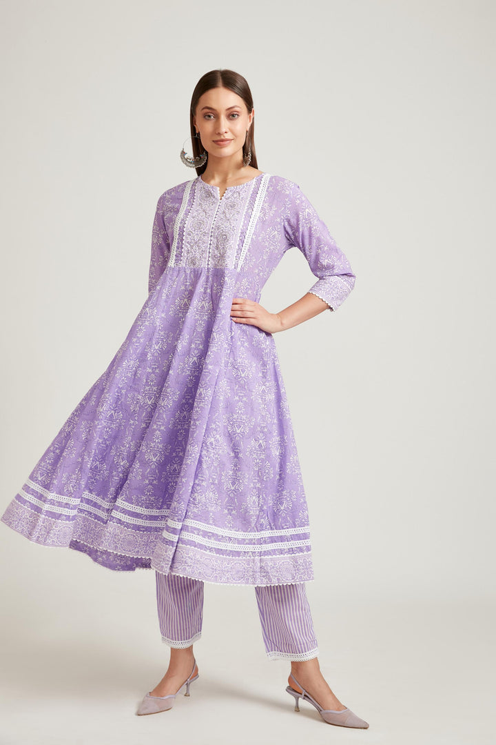 Neerus Purple cotton printed kurta set salwar kameez - detail view 2