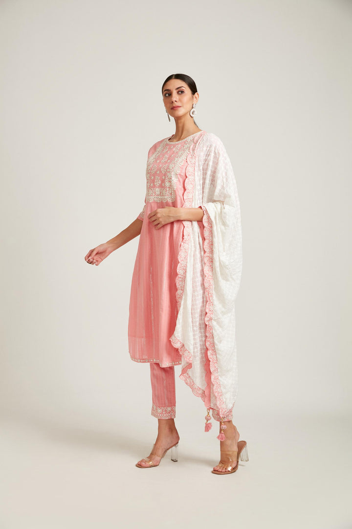 Neerus Pink cotton printed kurta set - front view