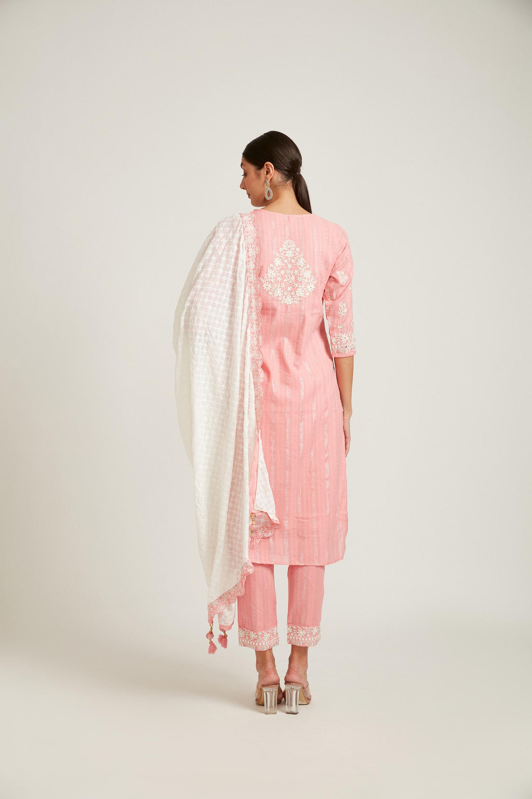 Neerus Pink cotton printed kurta set - back view