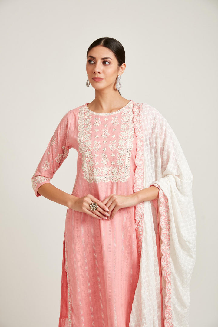 Neerus Pink cotton printed kurta set - side view