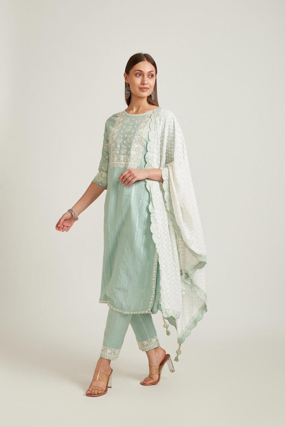 Neerus Green cotton printed suit set - front view