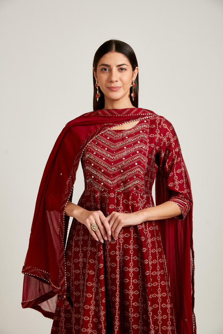Neerus Maroon modal printed suit set - detail view 3