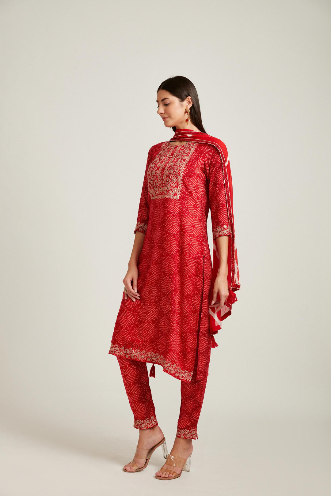 Neerus Red rayon printed kurta set salwar kameez - front view