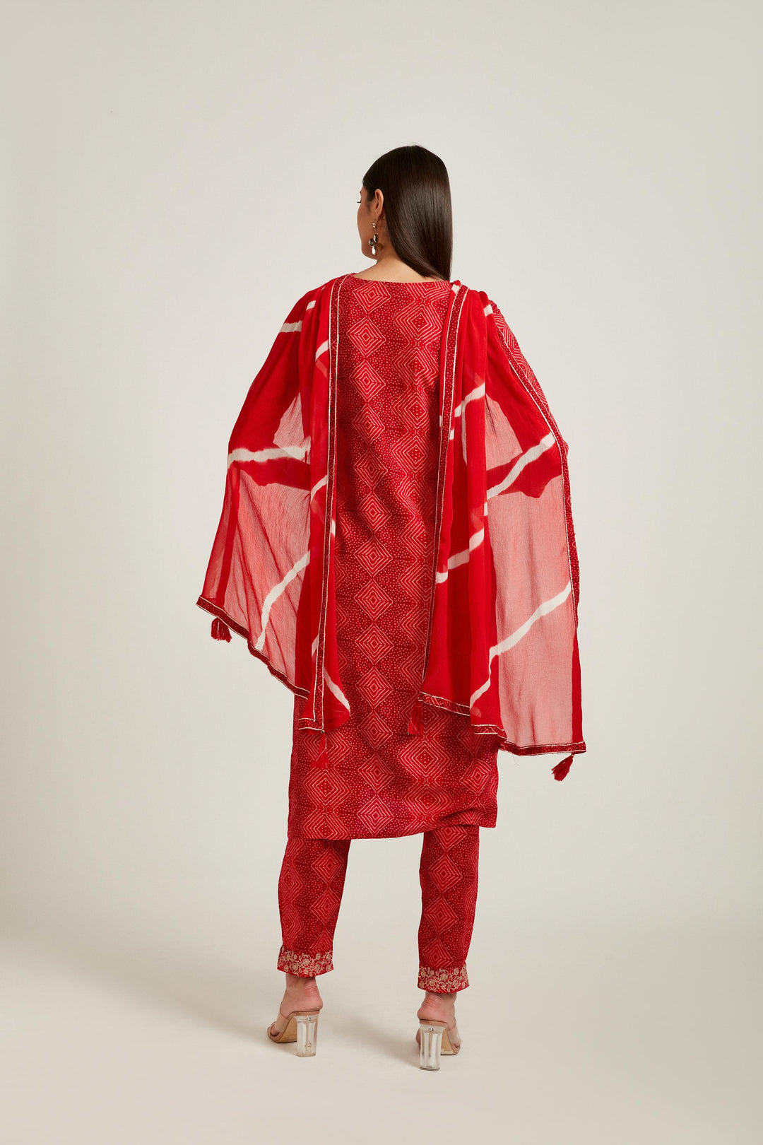 Neerus Red rayon printed kurta set salwar kameez - back view