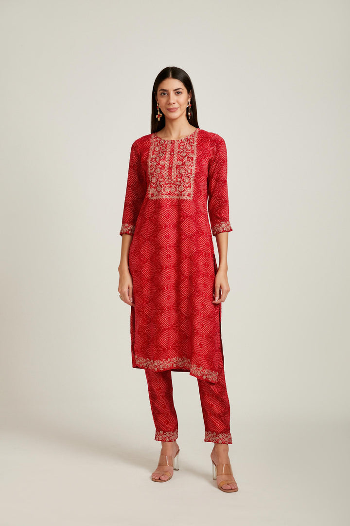 Neerus Red rayon printed kurta set salwar kameez - detail view 1