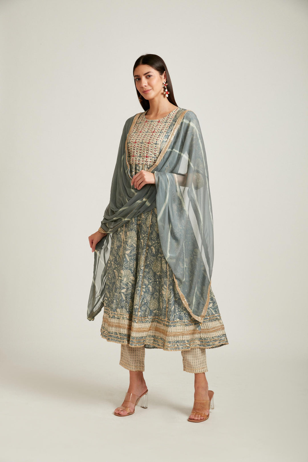 Neerus Grey muslin straight kurta set - front view
