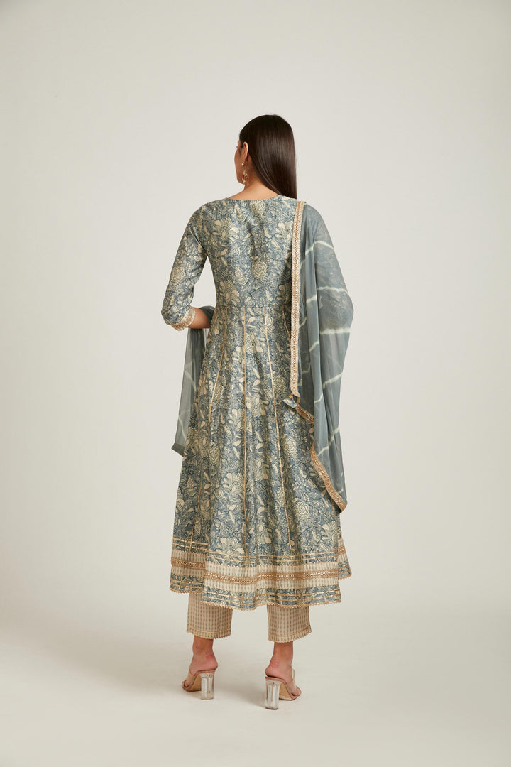 Neerus Grey muslin straight kurta set - back view