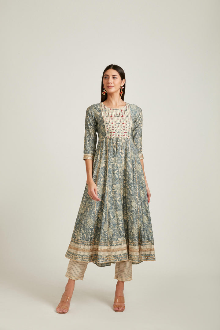 Neerus Grey muslin straight kurta set - detail view 1