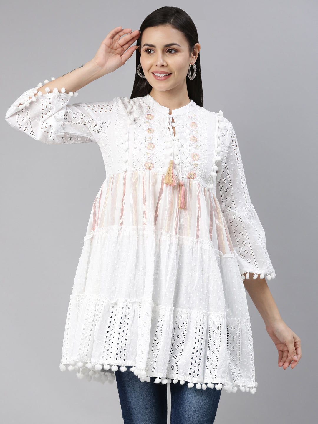 Neerus White cotton solid kurti - detail view 4