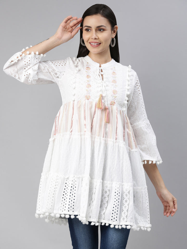 Neerus White cotton solid kurti - detail view 4