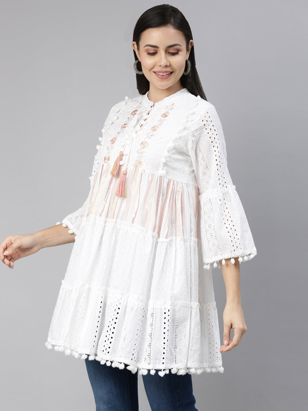 Neerus White cotton solid kurti - back view